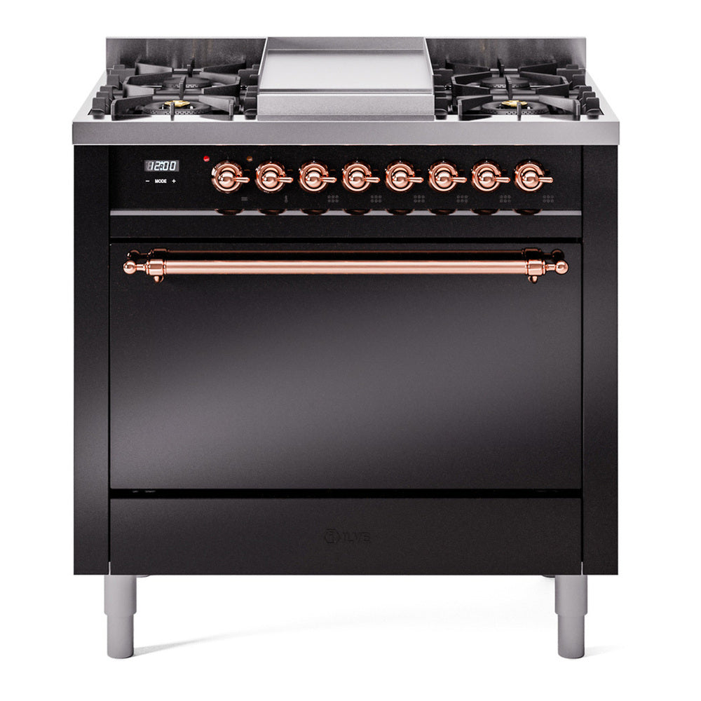 ILVE Nostalgie II 36" Dual Fuel Range - 6 Burners + Griddle, 3.5 cu. ft. Oven - Solid Door - Glossy Black / Copper / Natural Gas