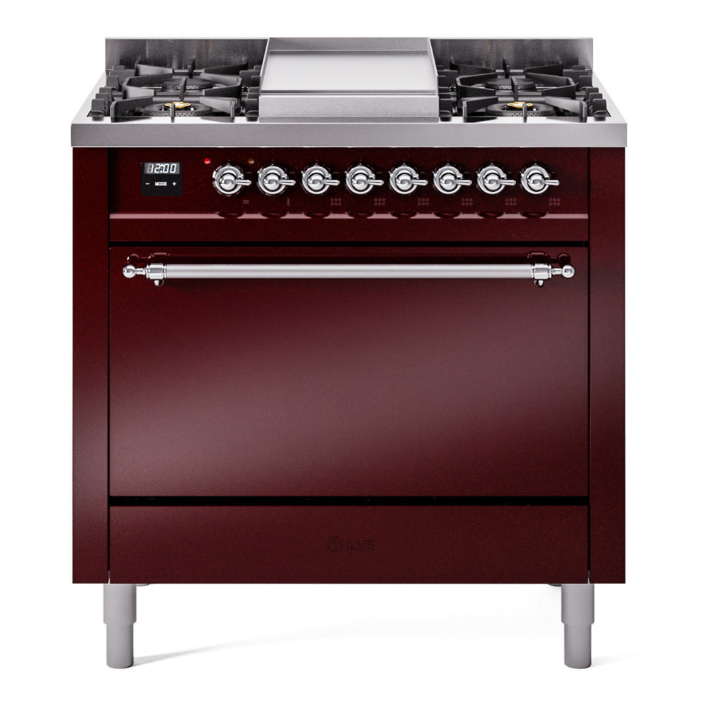ILVE Nostalgie II 36" Dual Fuel Range - 6 Burners + Griddle, 3.5 cu. ft. Oven - Solid Door - Burgundy / Chrome / Natural Gas