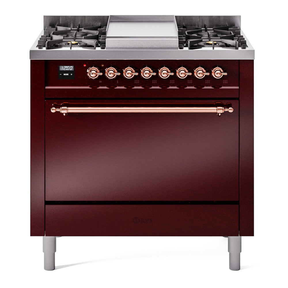 ILVE Nostalgie II 36" Dual Fuel Range - 6 Burners + Griddle, 3.5 cu. ft. Oven - Solid Door - Burgundy / Copper / Natural Gas