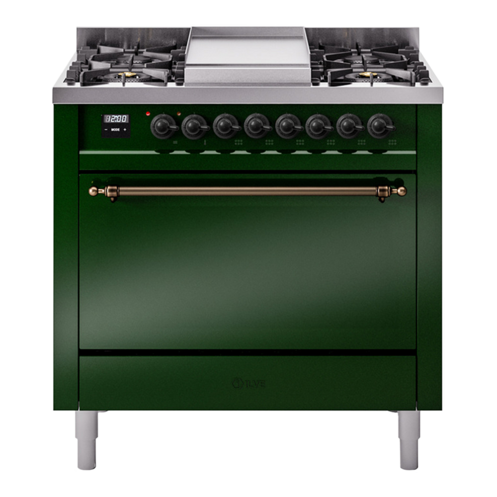 ILVE Nostalgie II 36" Dual Fuel Range - 6 Burners + Griddle, 3.5 cu. ft. Oven - Solid Door - Emerald Green / Bronze / Natural Gas
