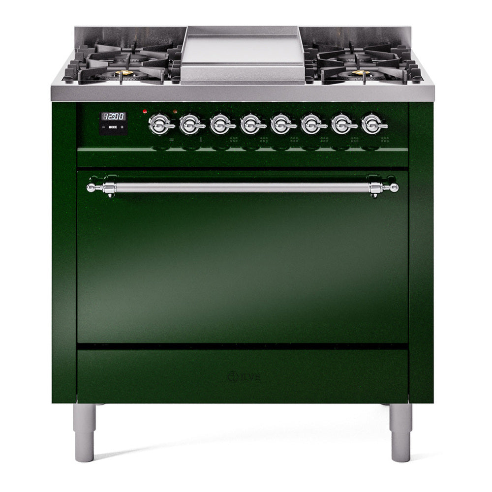 ILVE Nostalgie II 36" Dual Fuel Range - 6 Burners + Griddle, 3.5 cu. ft. Oven - Solid Door - Emerald Green / Chrome / Natural Gas