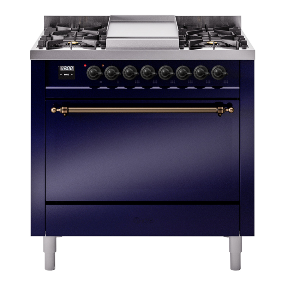 ILVE Nostalgie II 36" Dual Fuel Range - 6 Burners + Griddle, 3.5 cu. ft. Oven - Solid Door - Midnight Blue / Bronze / Natural Gas