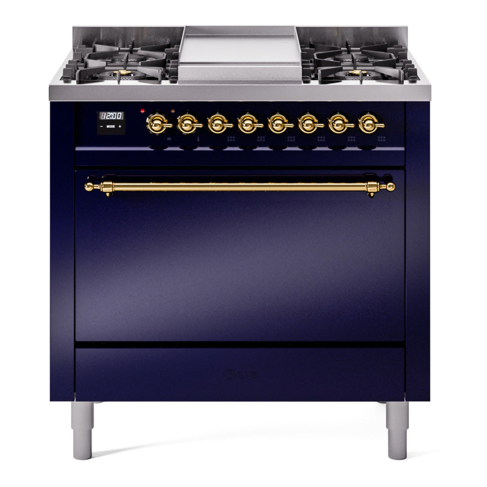 ILVE Nostalgie II 36" Dual Fuel Range - 6 Burners + Griddle, 3.5 cu. ft. Oven - Solid Door - Midnight Blue / Brass / Natural Gas
