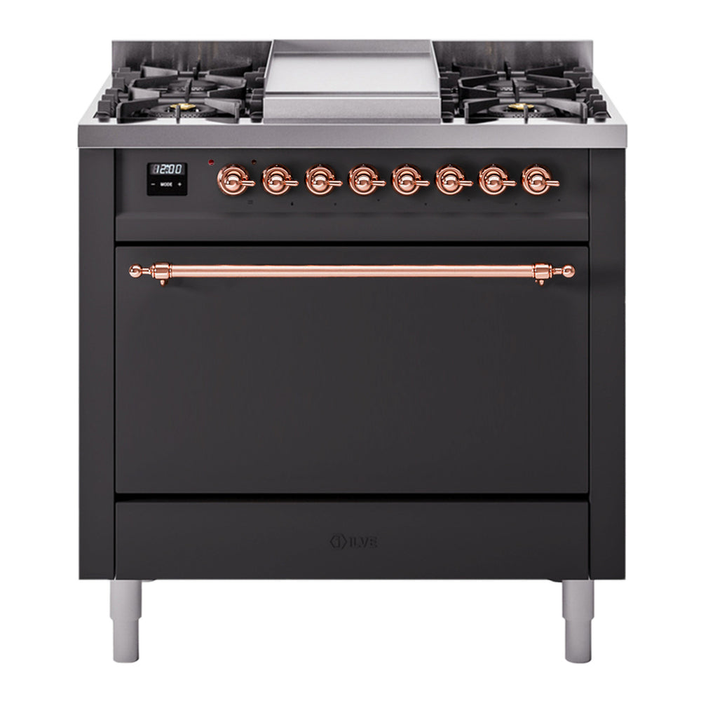 ILVE Nostalgie II 36" Dual Fuel Range - 6 Burners + Griddle, 3.5 cu. ft. Oven - Solid Door - Graphite Matte / Copper / Natural Gas
