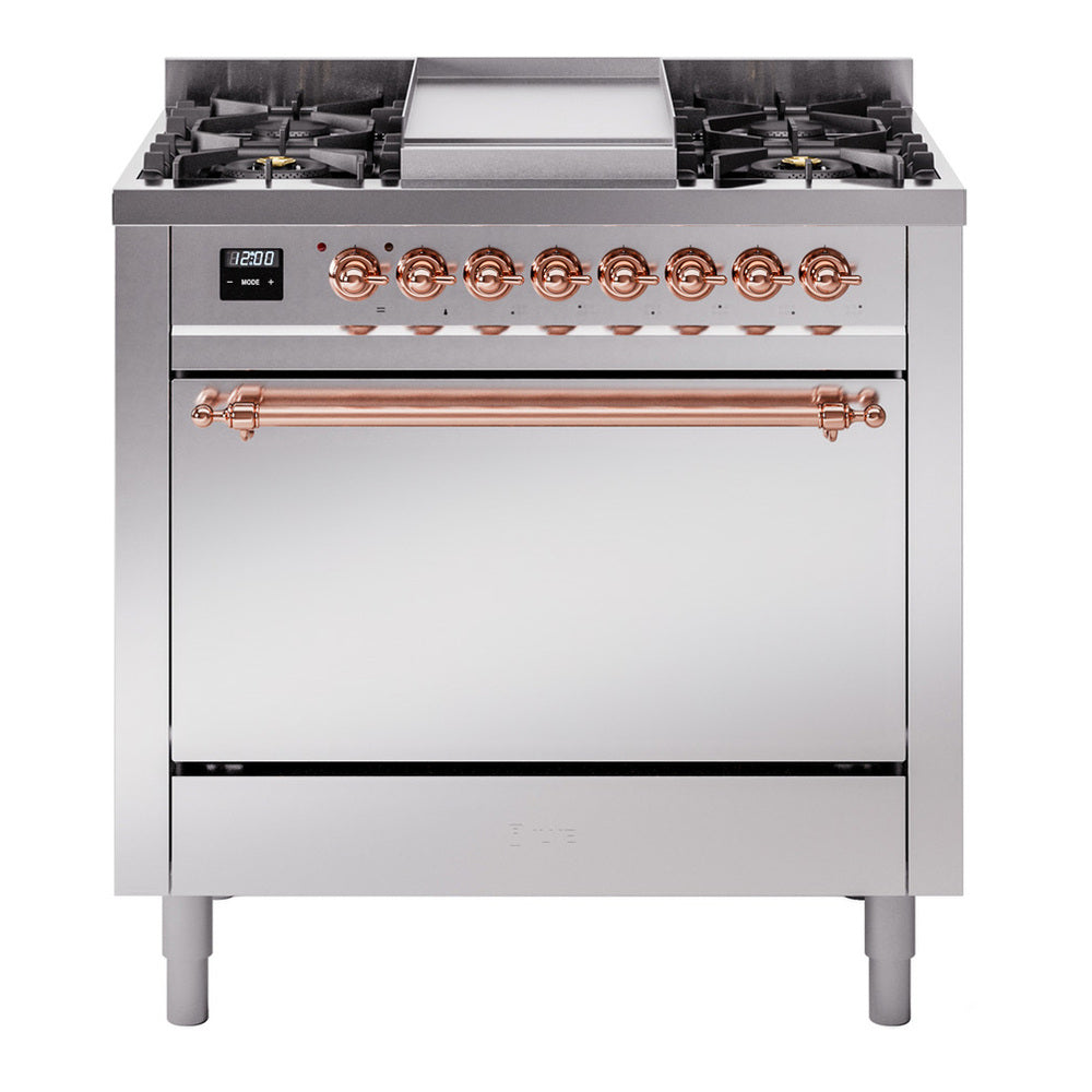ILVE Nostalgie II 36" Dual Fuel Range - 6 Burners + Griddle, 3.5 cu. ft. Oven - Solid Door - Stainless Steel / Copper / Natural Gas