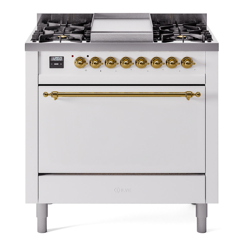 ILVE Nostalgie II 36" Dual Fuel Range - 6 Burners + Griddle, 3.5 cu. ft. Oven - Solid Door - White / Brass / Natural Gas