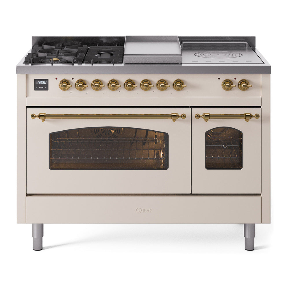 ILVE Nostalgie II 48" Dual Fuel Range - Double Ovens, 5 Burners + Griddle + French Top - Triple Glass Door - Antique White / Brass / Natural Gas