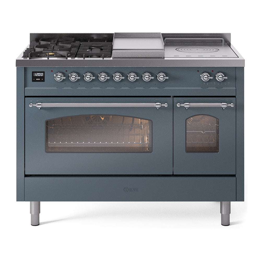 ILVE Nostalgie II 48" Dual Fuel Range - Double Ovens, 5 Burners + Griddle + French Top - Triple Glass Door - Blue Grey / Chrome / Natural Gas