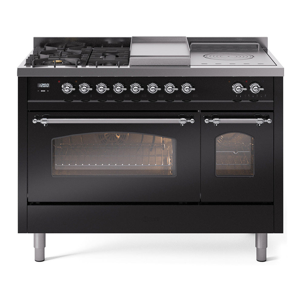 ILVE Nostalgie II 48" Dual Fuel Range - Double Ovens, 5 Burners + Griddle + French Top - Triple Glass Door - Glossy Black / Chrome / Natural Gas