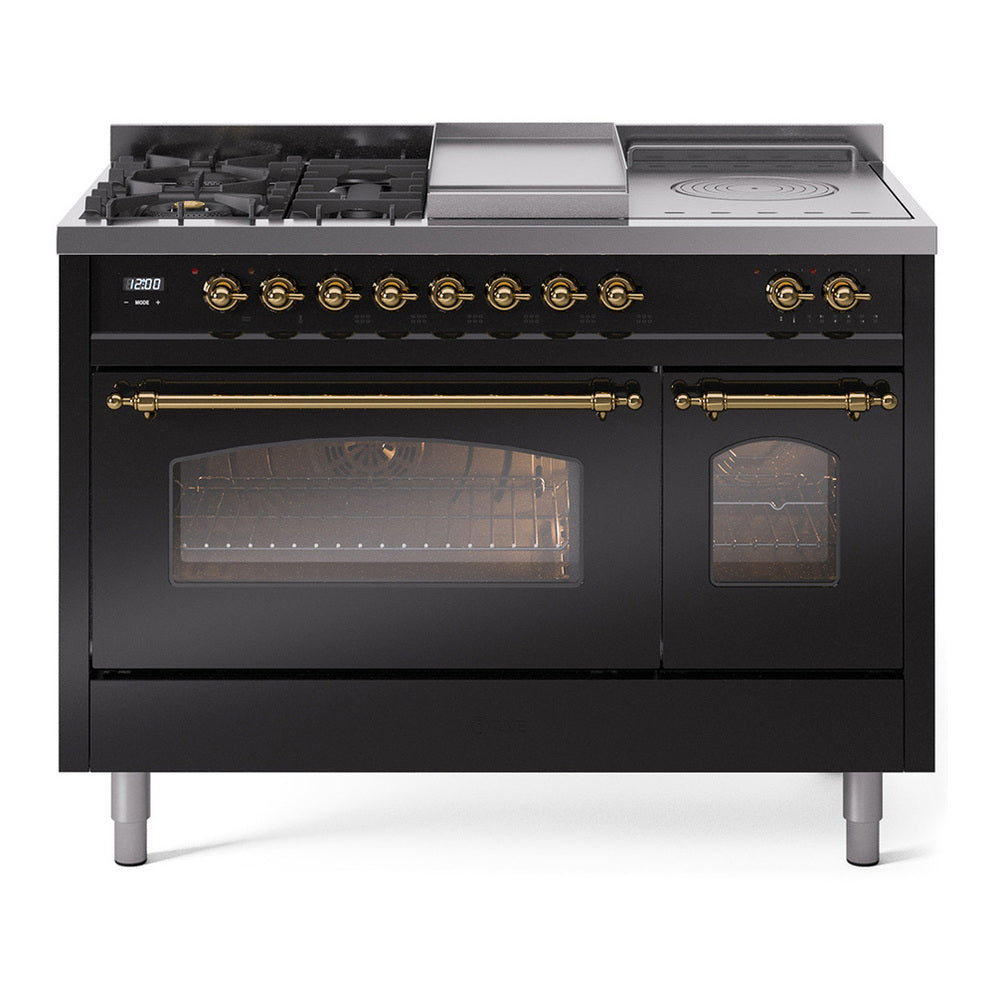 ILVE Nostalgie II 48" Dual Fuel Range - Double Ovens, 5 Burners + Griddle + French Top - Triple Glass Door - Glossy Black / Brass / Natural Gas