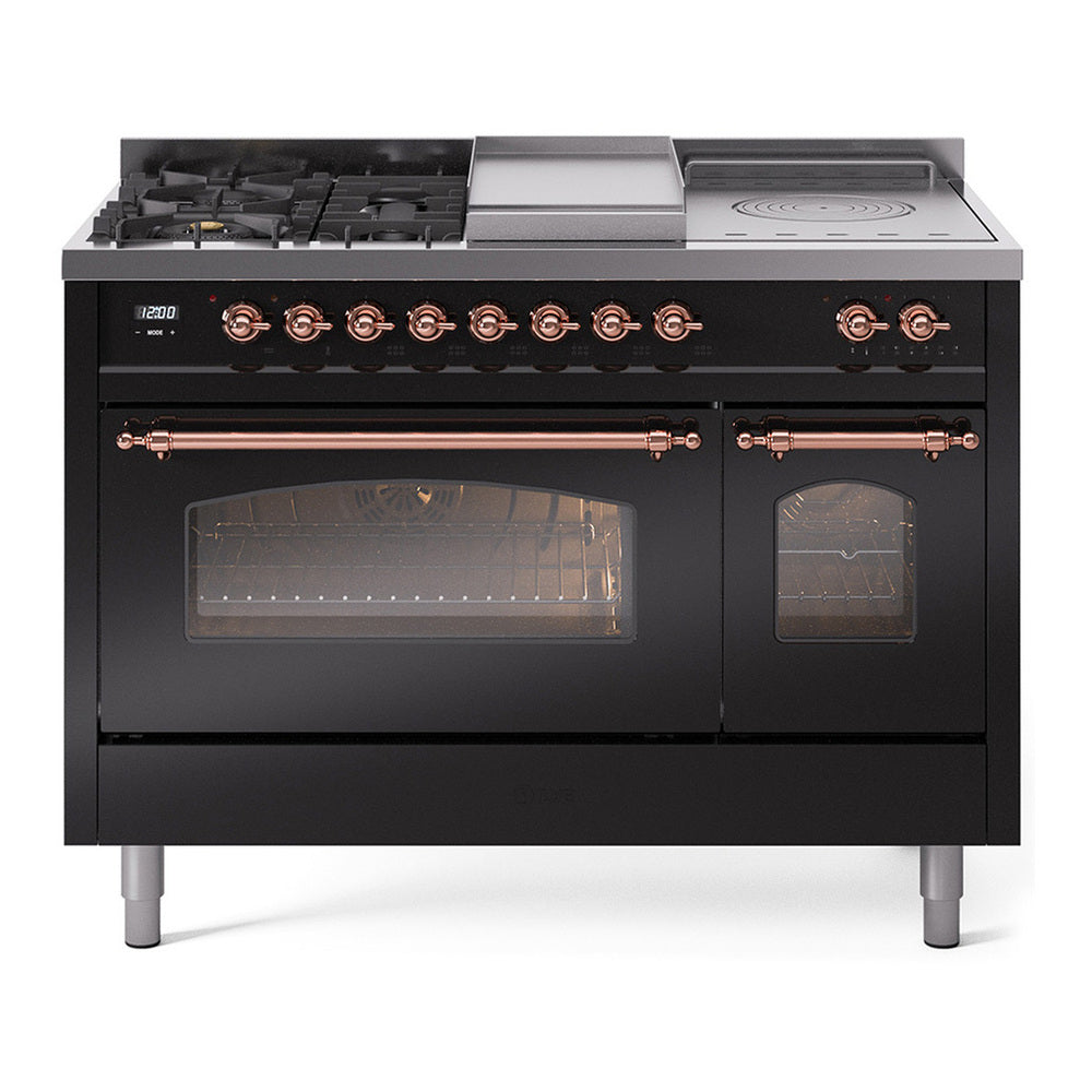 ILVE Nostalgie II 48" Dual Fuel Range - Double Ovens, 5 Burners + Griddle + French Top - Triple Glass Door - Glossy Black / Copper / Natural Gas
