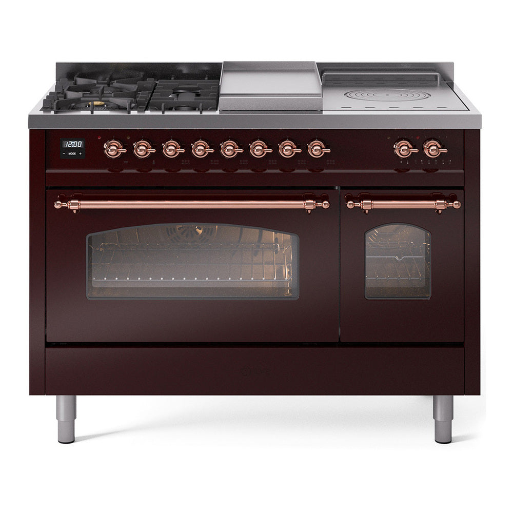 ILVE Nostalgie II 48" Dual Fuel Range - Double Ovens, 5 Burners + Griddle + French Top - Triple Glass Door - Burgundy / Copper / Natural Gas