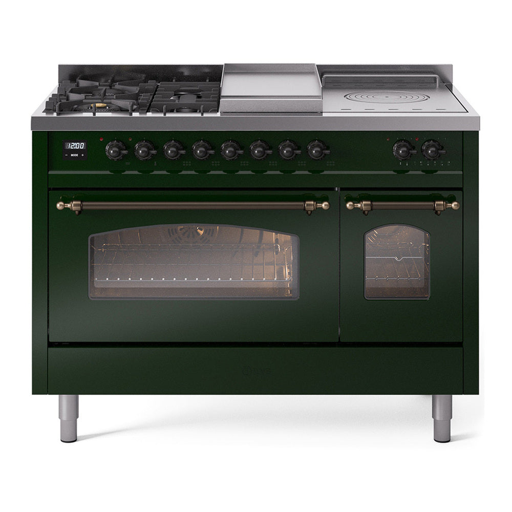 ILVE Nostalgie II 48" Dual Fuel Range - Double Ovens, 5 Burners + Griddle + French Top - Triple Glass Door - Emerald Green / Bronze / Natural Gas