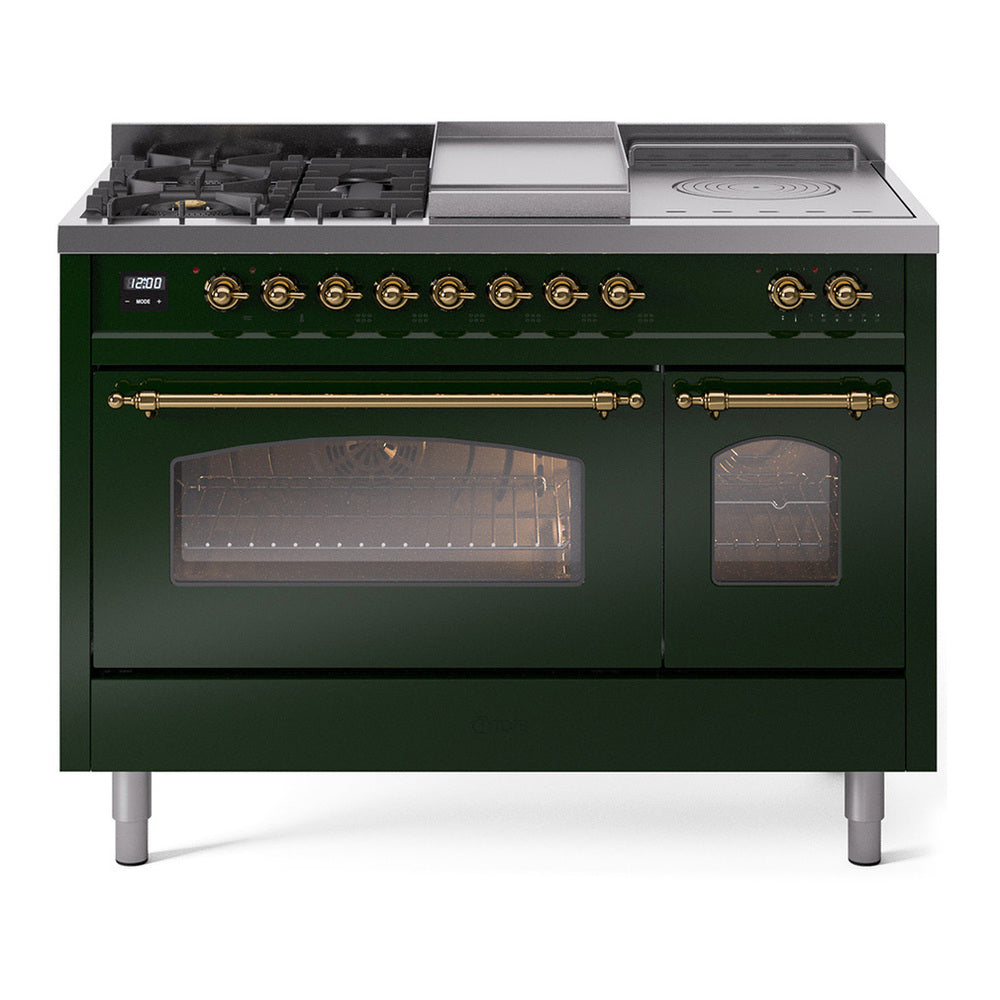 ILVE Nostalgie II 48" Dual Fuel Range - Double Ovens, 5 Burners + Griddle + French Top - Triple Glass Door - Emerald Green / Brass / Natural Gas