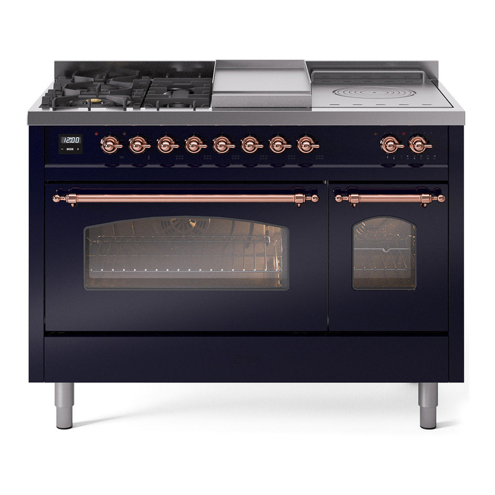 ILVE Nostalgie II 48" Dual Fuel Range - Double Ovens, 5 Burners + Griddle + French Top - Triple Glass Door - Midnight Blue / Copper / Natural Gas