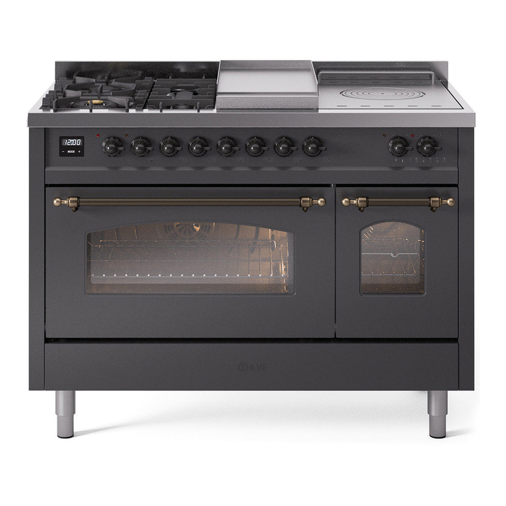 ILVE Nostalgie II 48" Dual Fuel Range - Double Ovens, 5 Burners + Griddle + French Top - Triple Glass Door - Graphite Matte / Bronze / Natural Gas