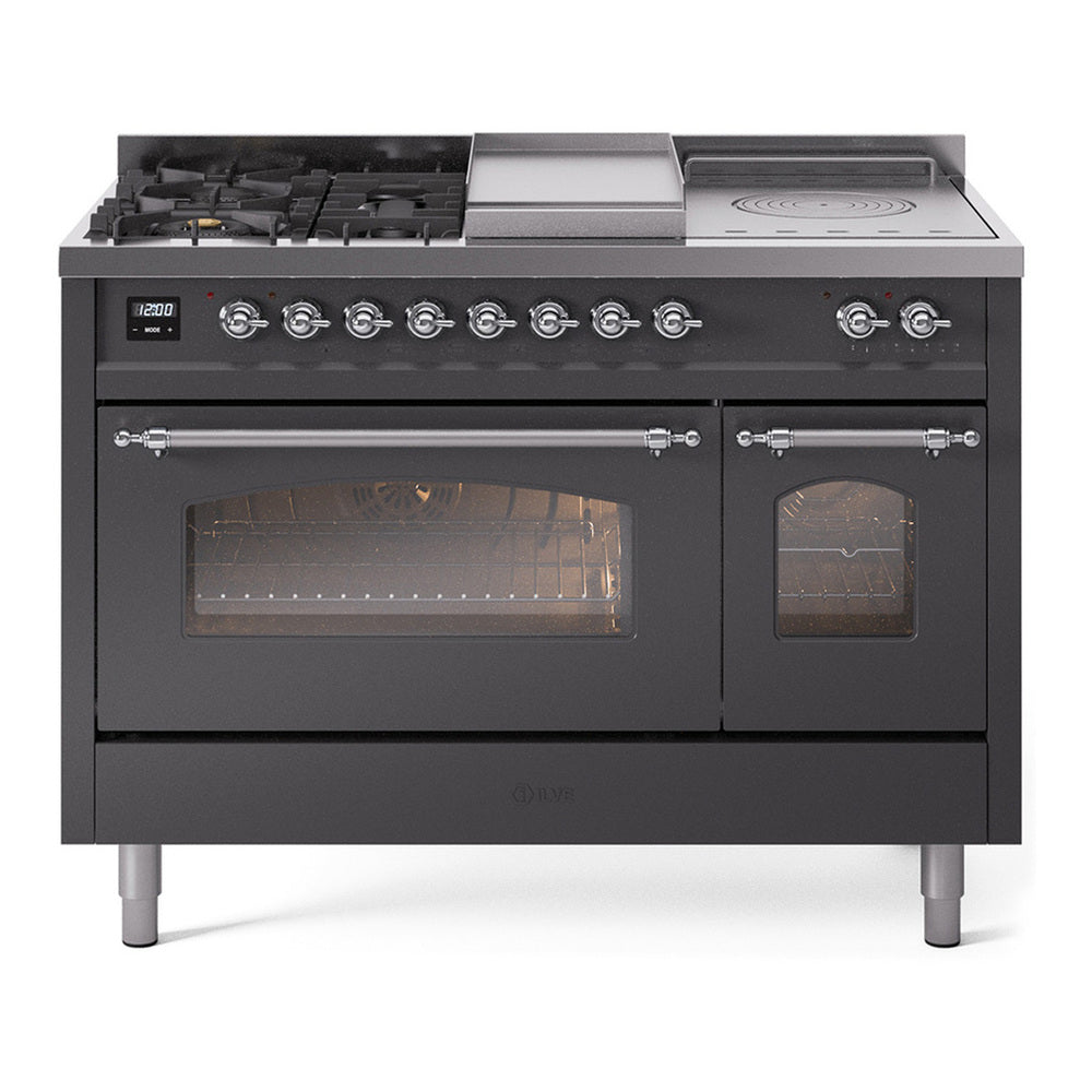 ILVE Nostalgie II 48" Dual Fuel Range - Double Ovens, 5 Burners + Griddle + French Top - Triple Glass Door - Graphite Matte / Chrome / Natural Gas