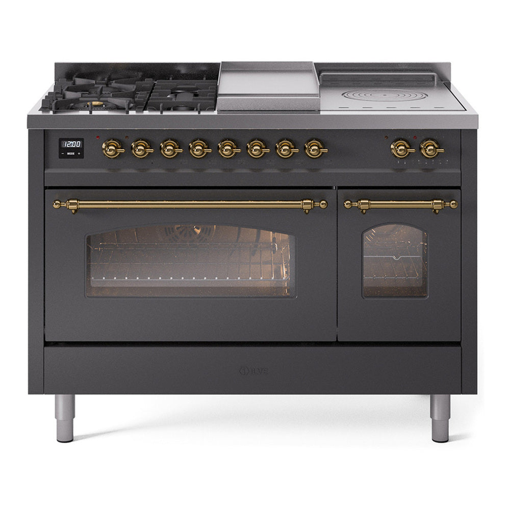 ILVE Nostalgie II 48" Dual Fuel Range - Double Ovens, 5 Burners + Griddle + French Top - Triple Glass Door - Graphite Matte / Brass / Natural Gas