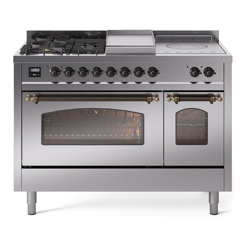 ILVE Nostalgie II 48" Dual Fuel Range - Double Ovens, 5 Burners + Griddle + French Top - Triple Glass Door - Stainless Steel / Bronze / Natural Gas