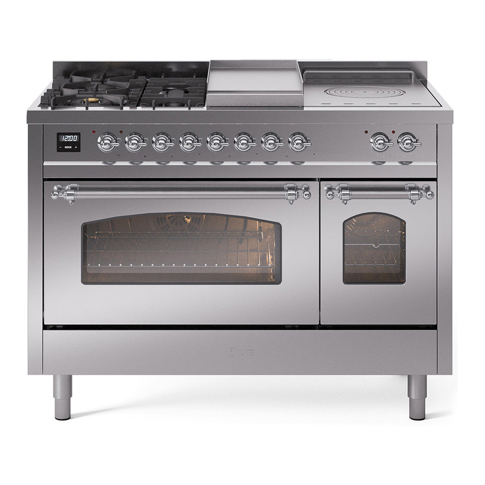 ILVE Nostalgie II 48" Dual Fuel Range - Double Ovens, 5 Burners + Griddle + French Top - Triple Glass Door - Stainless Steel / Chrome / Natural Gas