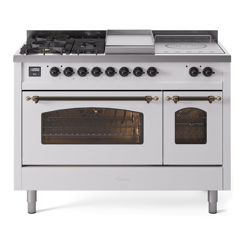 ILVE Nostalgie II 48" Dual Fuel Range - Double Ovens, 5 Burners + Griddle + French Top - Triple Glass Door - White / Bronze / Natural Gas