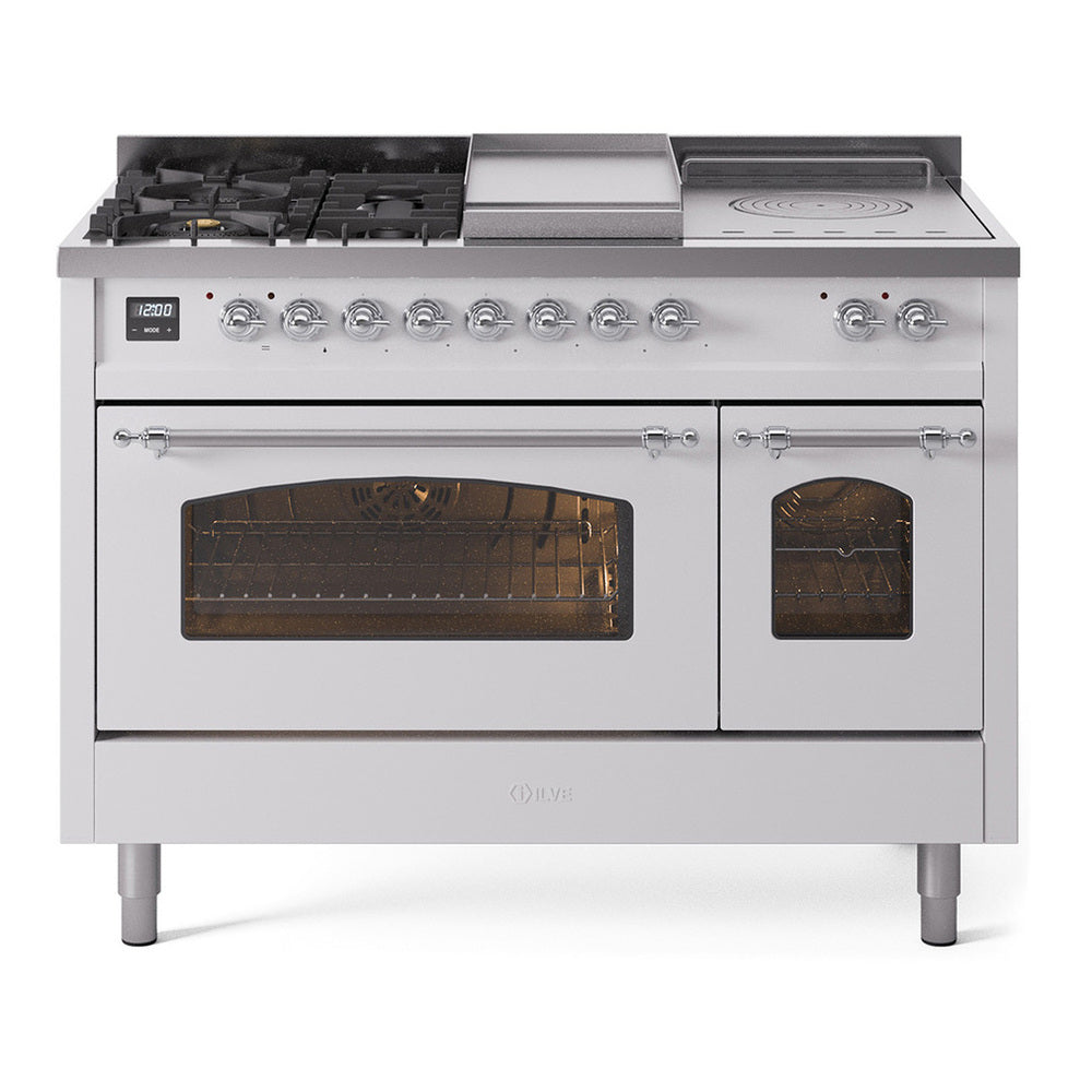 ILVE Nostalgie II 48" Dual Fuel Range - Double Ovens, 5 Burners + Griddle + French Top - Triple Glass Door - White / Chrome / Natural Gas