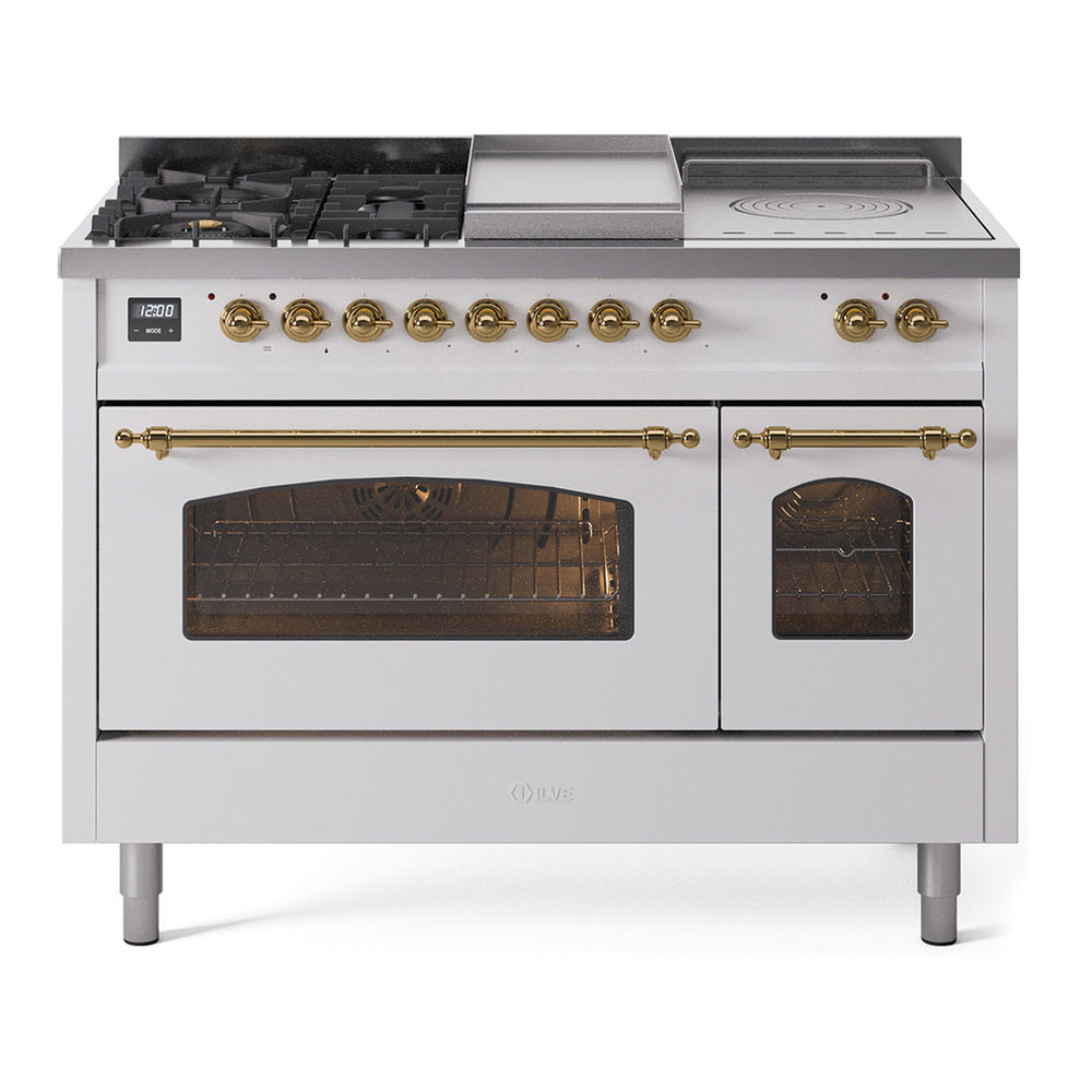 ILVE Nostalgie II 48" Dual Fuel Range - Double Ovens, 5 Burners + Griddle + French Top - Triple Glass Door