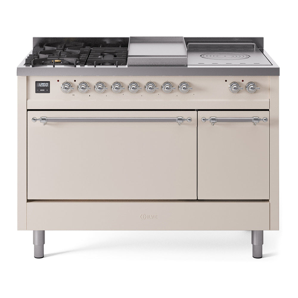 ILVE Nostalgie II 48" Dual Fuel Range - Double Ovens, 5 Burners + Griddle + French Top - Solid Door - Antique White / Chrome / Natural Gas