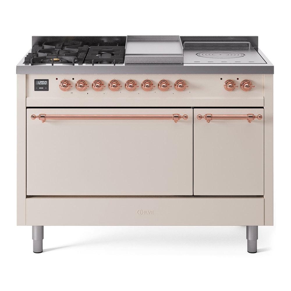 ILVE Nostalgie II 48" Dual Fuel Range - Double Ovens, 5 Burners + Griddle + French Top - Solid Door - Antique White / Copper / Natural Gas