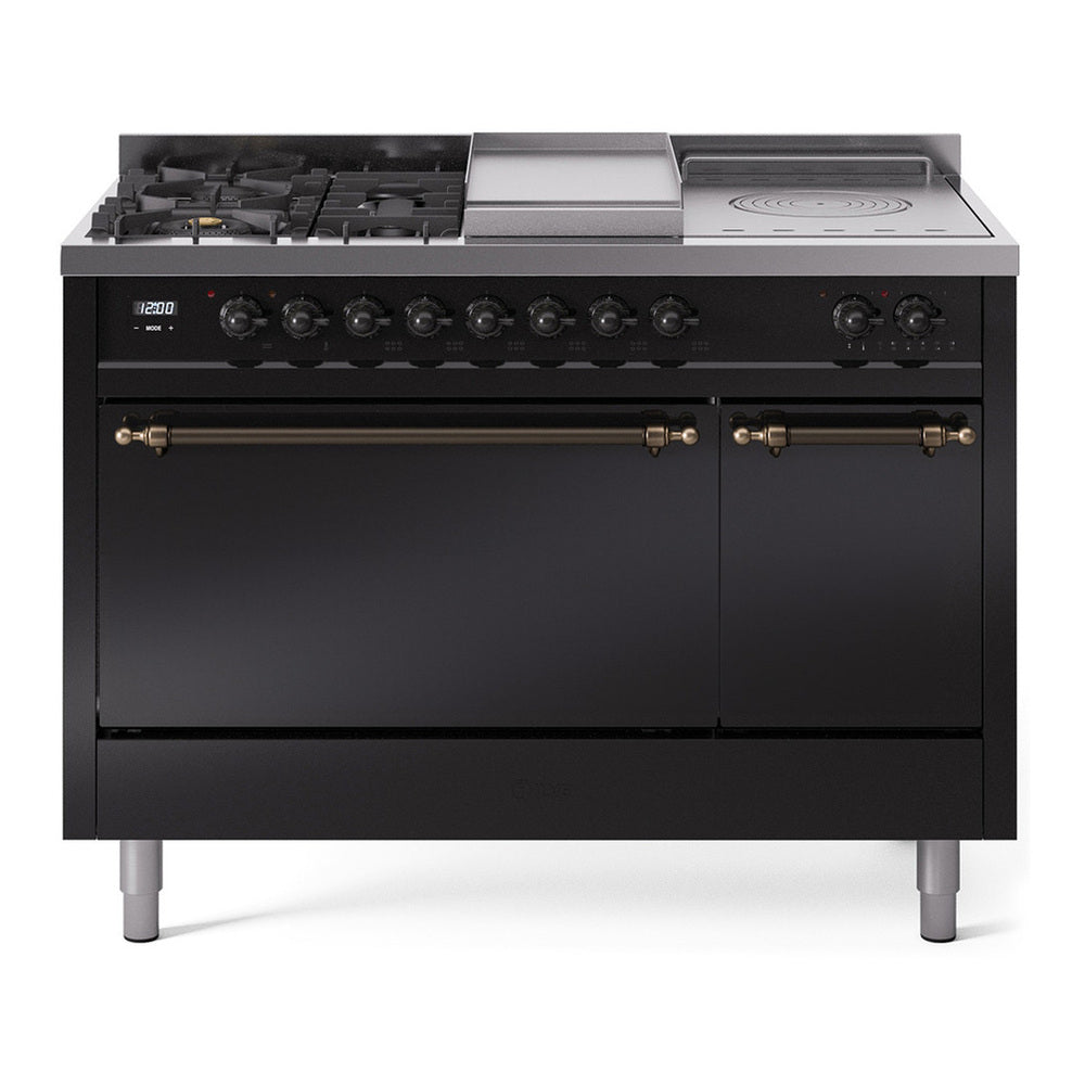ILVE Nostalgie II 48" Dual Fuel Range - Double Ovens, 5 Burners + Griddle + French Top - Solid Door - Glossy Black / Bronze / Natural Gas