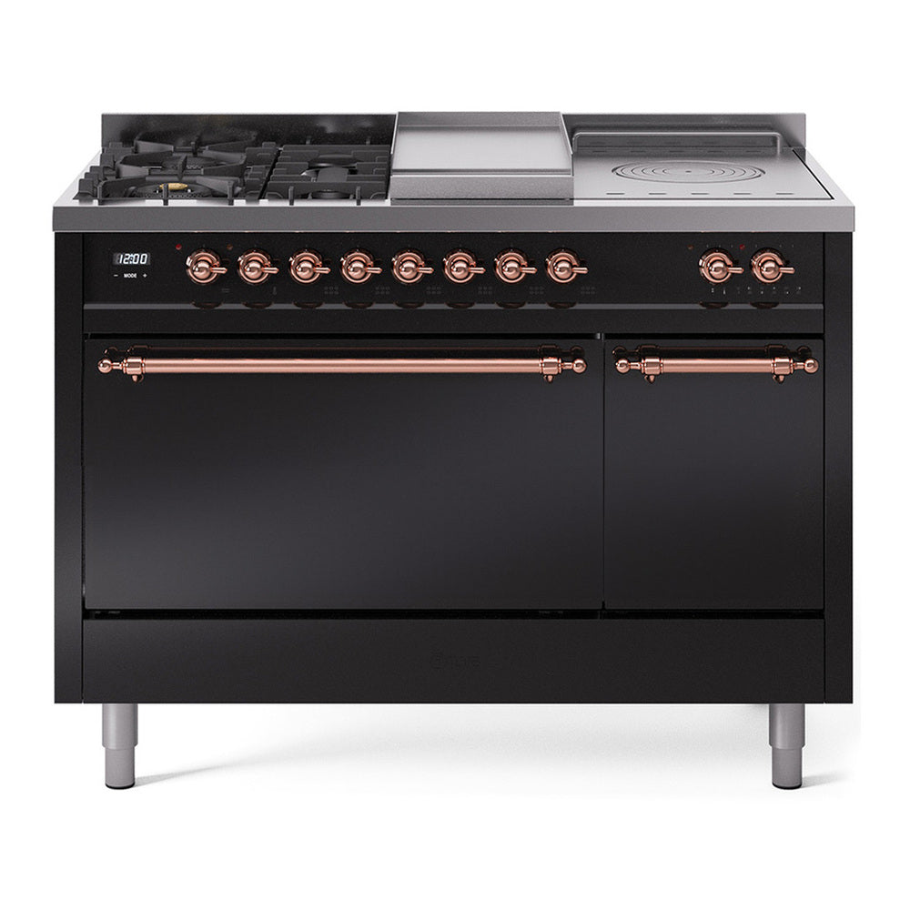 ILVE Nostalgie II 48" Dual Fuel Range - Double Ovens, 5 Burners + Griddle + French Top - Solid Door - Glossy Black / Copper / Natural Gas