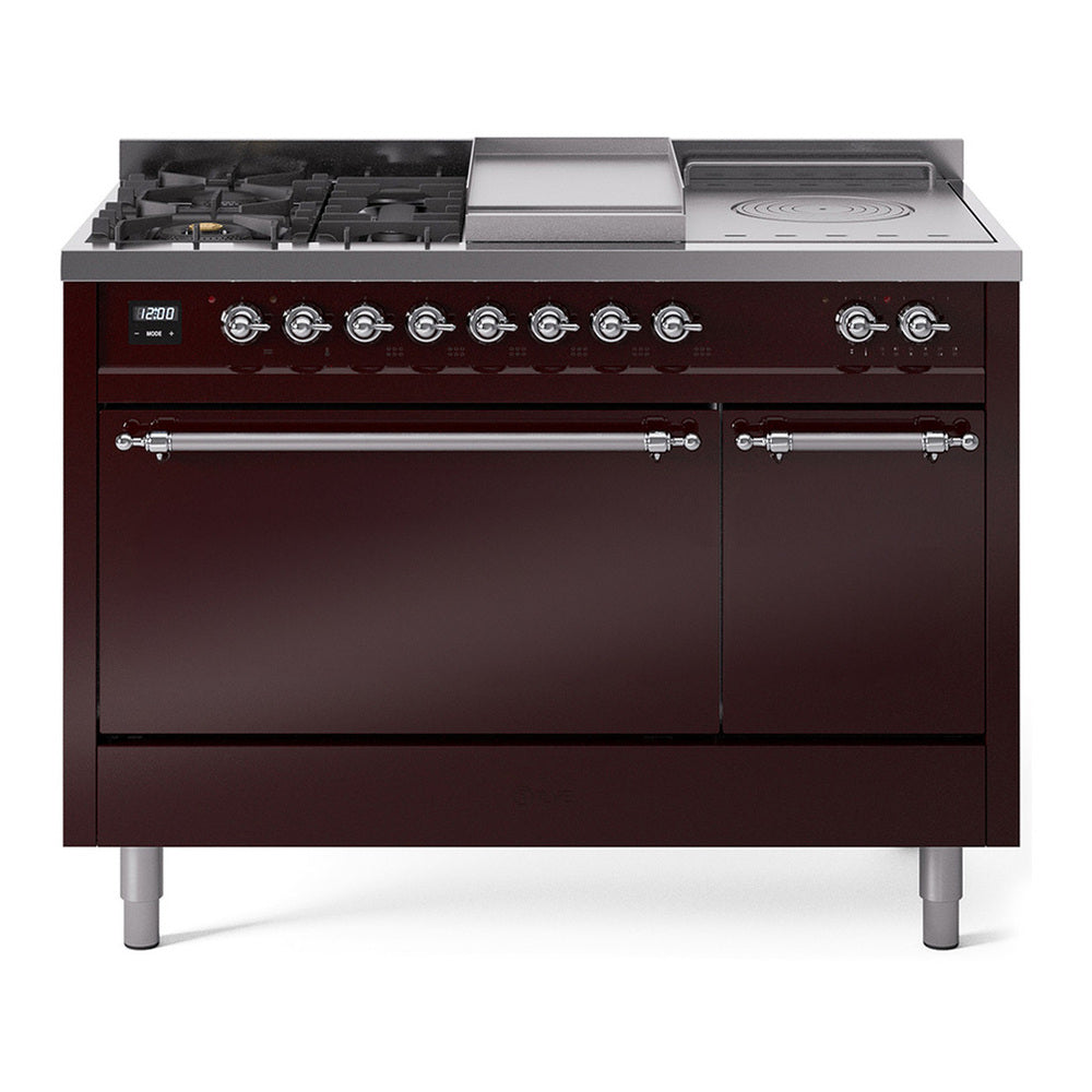 ILVE Nostalgie II 48" Dual Fuel Range - Double Ovens, 5 Burners + Griddle + French Top - Solid Door - Burgundy / Chrome / Natural Gas