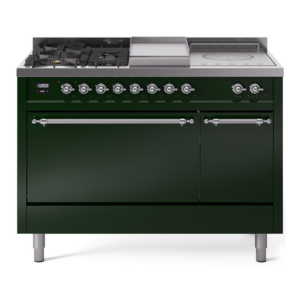 ILVE Nostalgie II 48" Dual Fuel Range - Double Ovens, 5 Burners + Griddle + French Top - Solid Door - Emerald Green / Chrome / Natural Gas