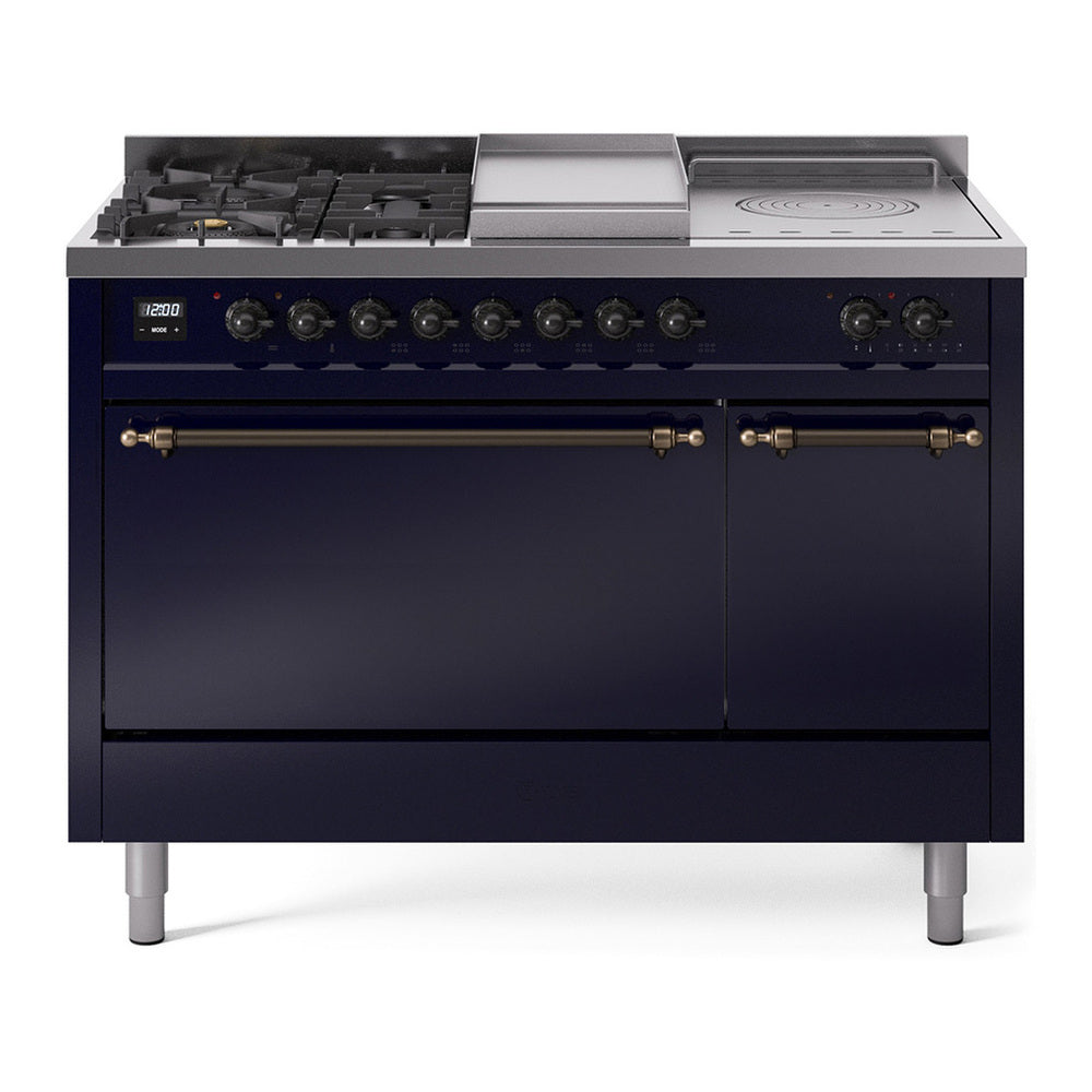 ILVE Nostalgie II 48" Dual Fuel Range - Double Ovens, 5 Burners + Griddle + French Top - Solid Door - Midnight Blue / Bronze / Natural Gas