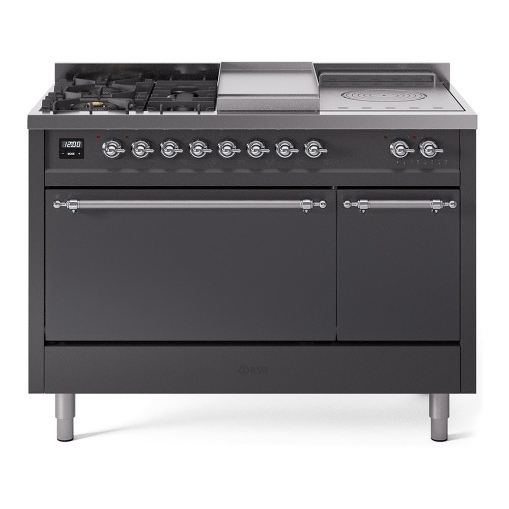 ILVE Nostalgie II 48" Dual Fuel Range - Double Ovens, 5 Burners + Griddle + French Top - Solid Door - Graphite Matte / Chrome / Natural Gas