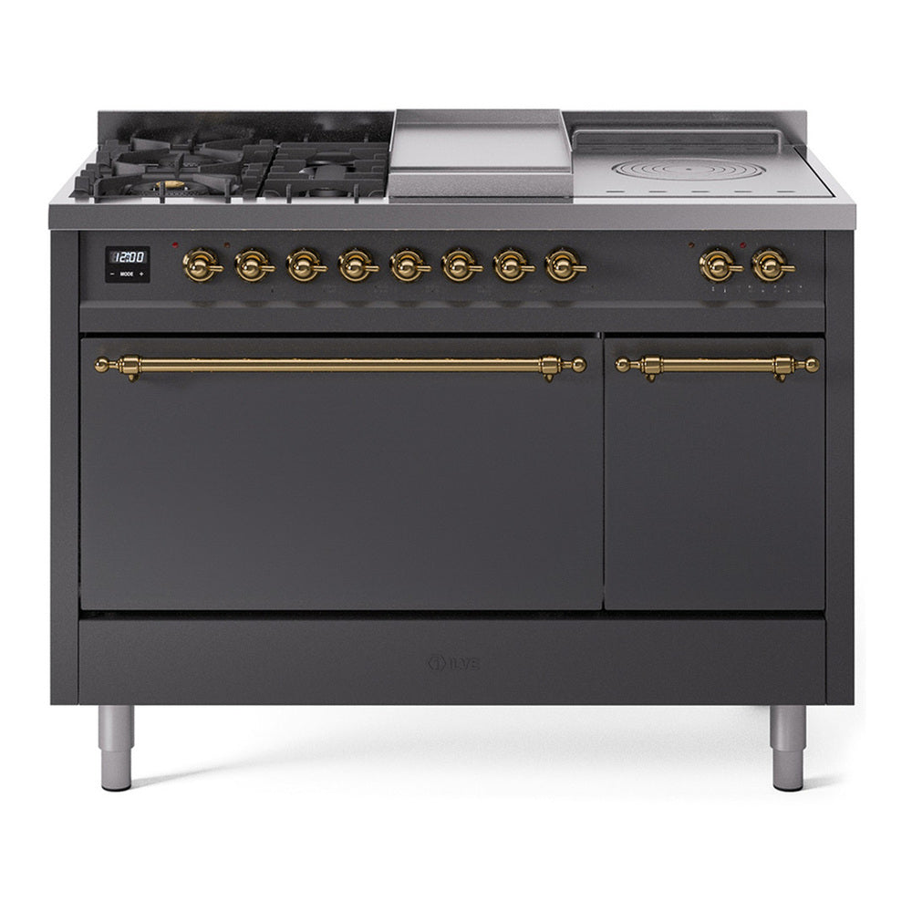 ILVE Nostalgie II 48" Dual Fuel Range - Double Ovens, 5 Burners + Griddle + French Top - Solid Door - Graphite Matte / Brass / Natural Gas