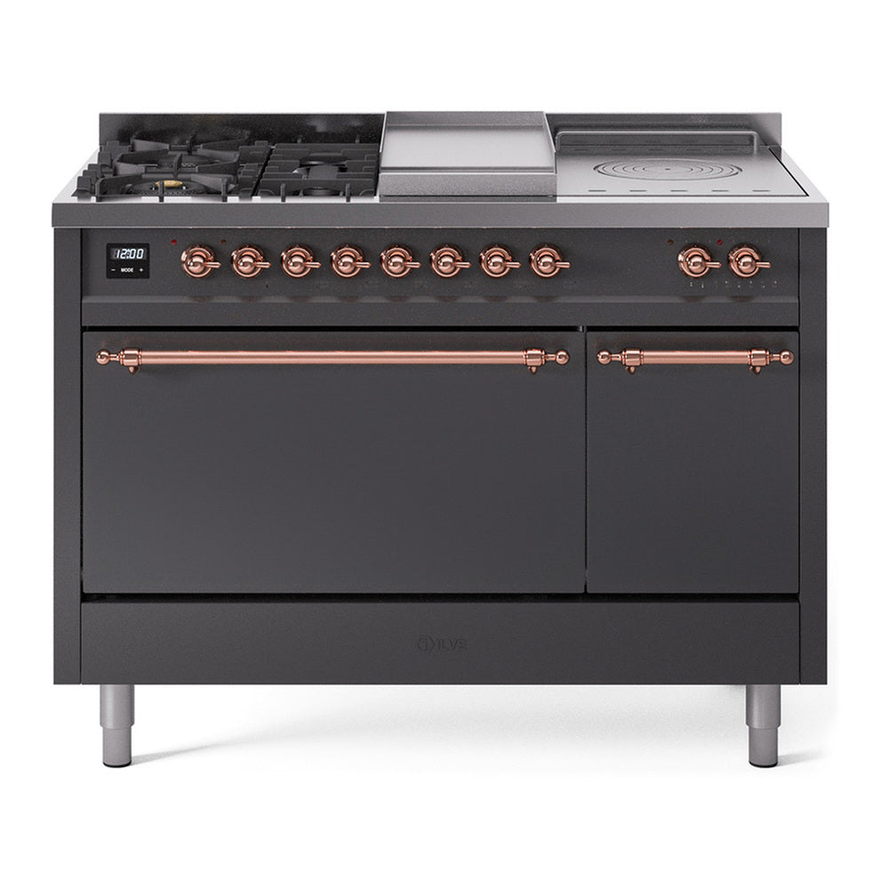 ILVE Nostalgie II 48" Dual Fuel Range - Double Ovens, 5 Burners + Griddle + French Top - Solid Door - Graphite Matte / Copper / Natural Gas