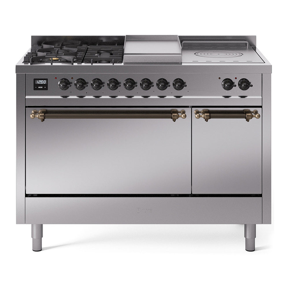 ILVE Nostalgie II 48" Dual Fuel Range - Double Ovens, 5 Burners + Griddle + French Top - Solid Door - Stainless Steel / Bronze / Natural Gas