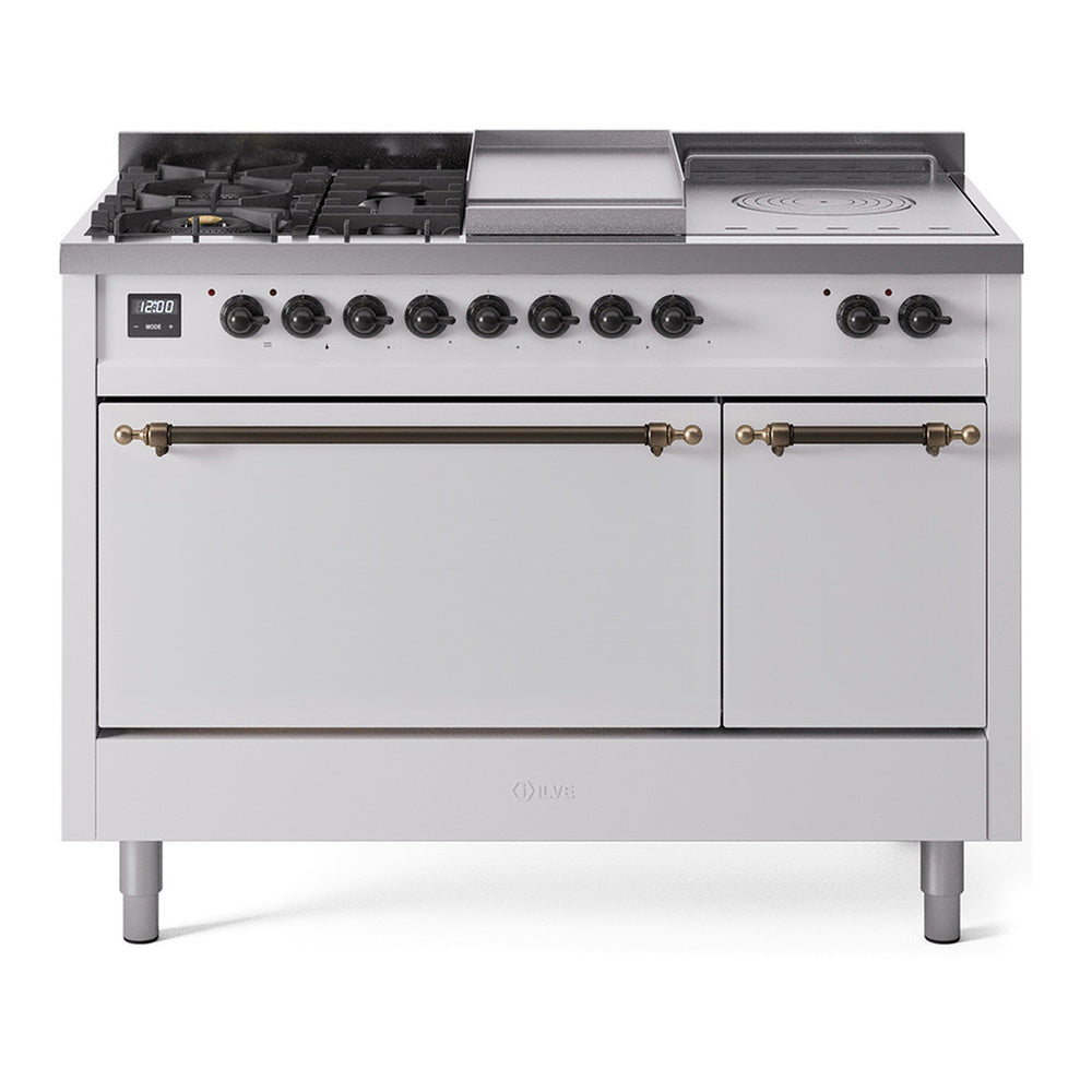 ILVE Nostalgie II 48" Dual Fuel Range - Double Ovens, 5 Burners + Griddle + French Top - Solid Door - White / Bronze / Natural Gas
