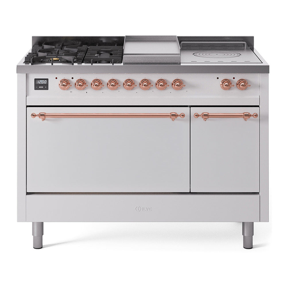 ILVE Nostalgie II 48" Dual Fuel Range - Double Ovens, 5 Burners + Griddle + French Top - Solid Door - White / Copper / Natural Gas