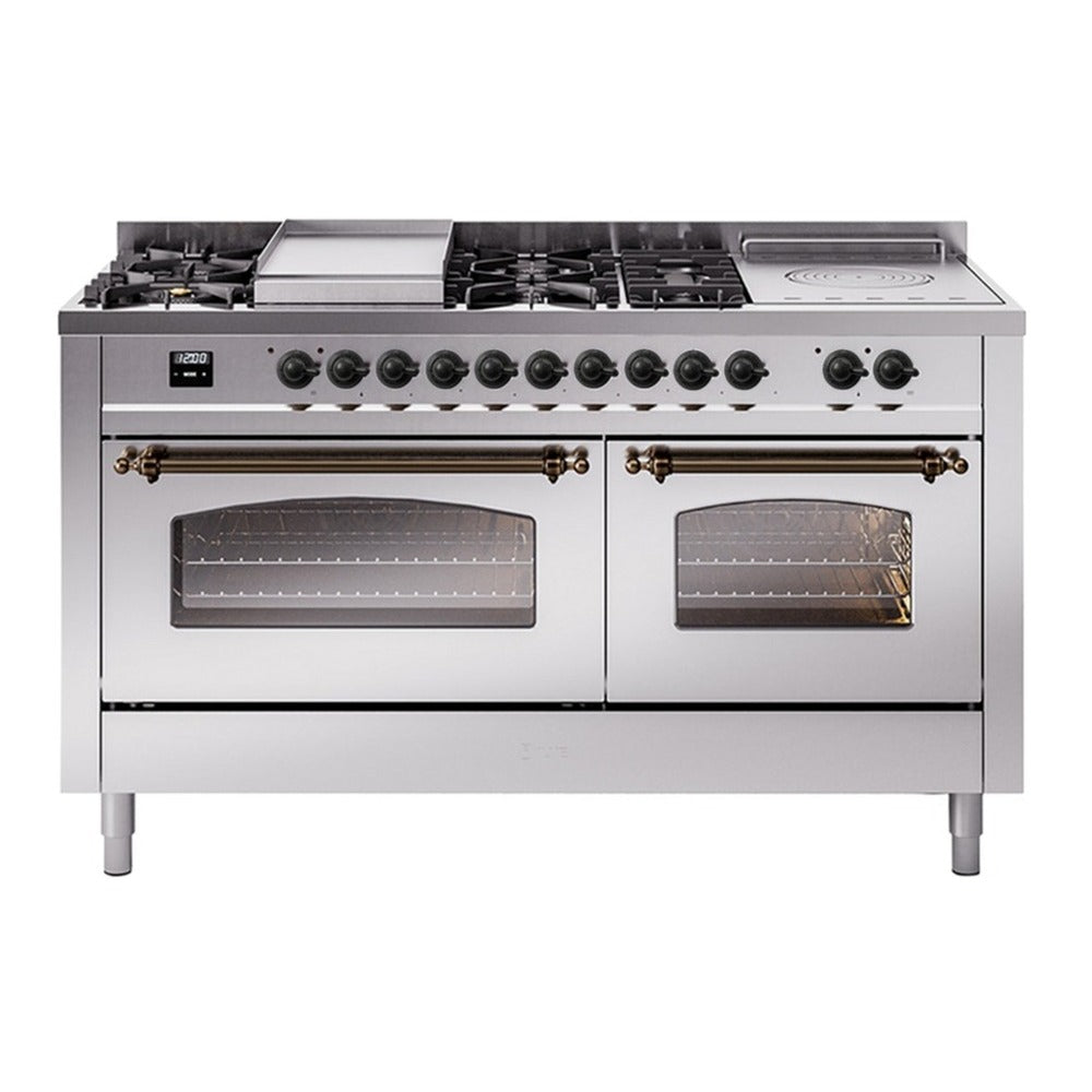 ILVE Nostalgie II 60" Dual Fuel Range - Double Ovens, 7 Burners + Griddle + French Top - Triple Glass Door - Stainless Steel / Bronze / Natural Gas