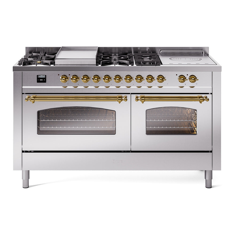 ILVE Nostalgie II 60" Dual Fuel Range - Double Ovens, 7 Burners + Griddle + French Top - Triple Glass Door - Stainless Steel / Brass / Natural Gas