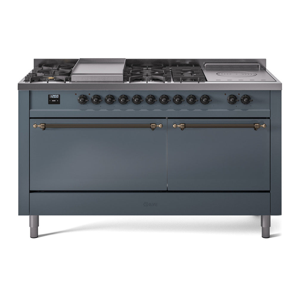 ILVE Nostalgie II 60" Dual Fuel Range - Double Ovens, 7 Burners + Griddle + French Top - Solid Door - Blue Grey / Bronze / Natural Gas