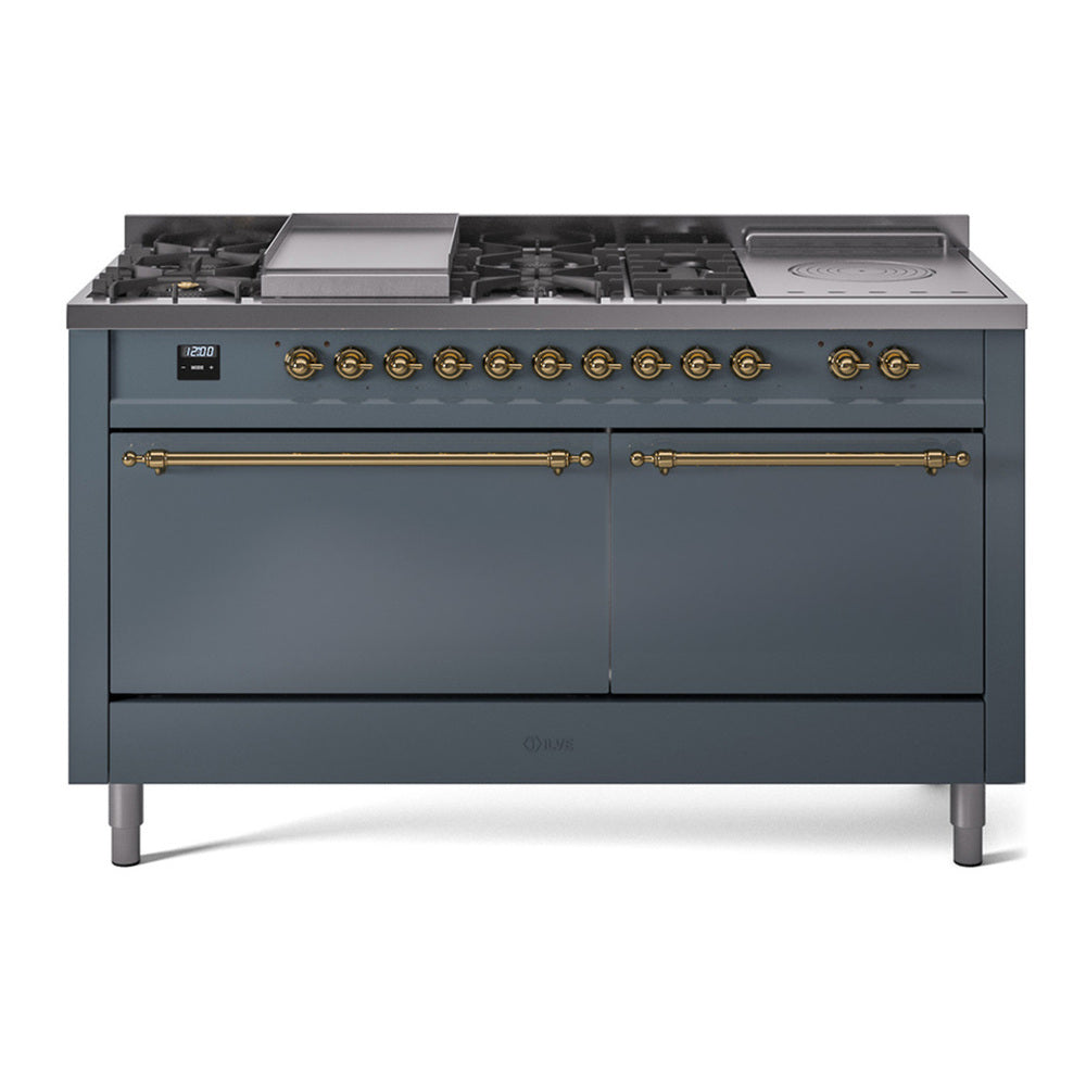 ILVE Nostalgie II 60" Dual Fuel Range - Double Ovens, 7 Burners + Griddle + French Top - Solid Door - Blue Grey / Brass / Natural Gas