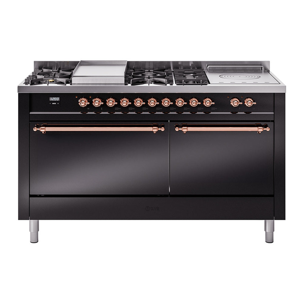 ILVE Nostalgie II 60" Dual Fuel Range - Double Ovens, 7 Burners + Griddle + French Top - Solid Door - Glossy Black / Copper / Natural Gas
