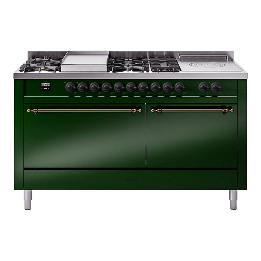 ILVE Nostalgie II 60" Dual Fuel Range - Double Ovens, 7 Burners + Griddle + French Top - Solid Door - Emerald Green / Bronze / Natural Gas