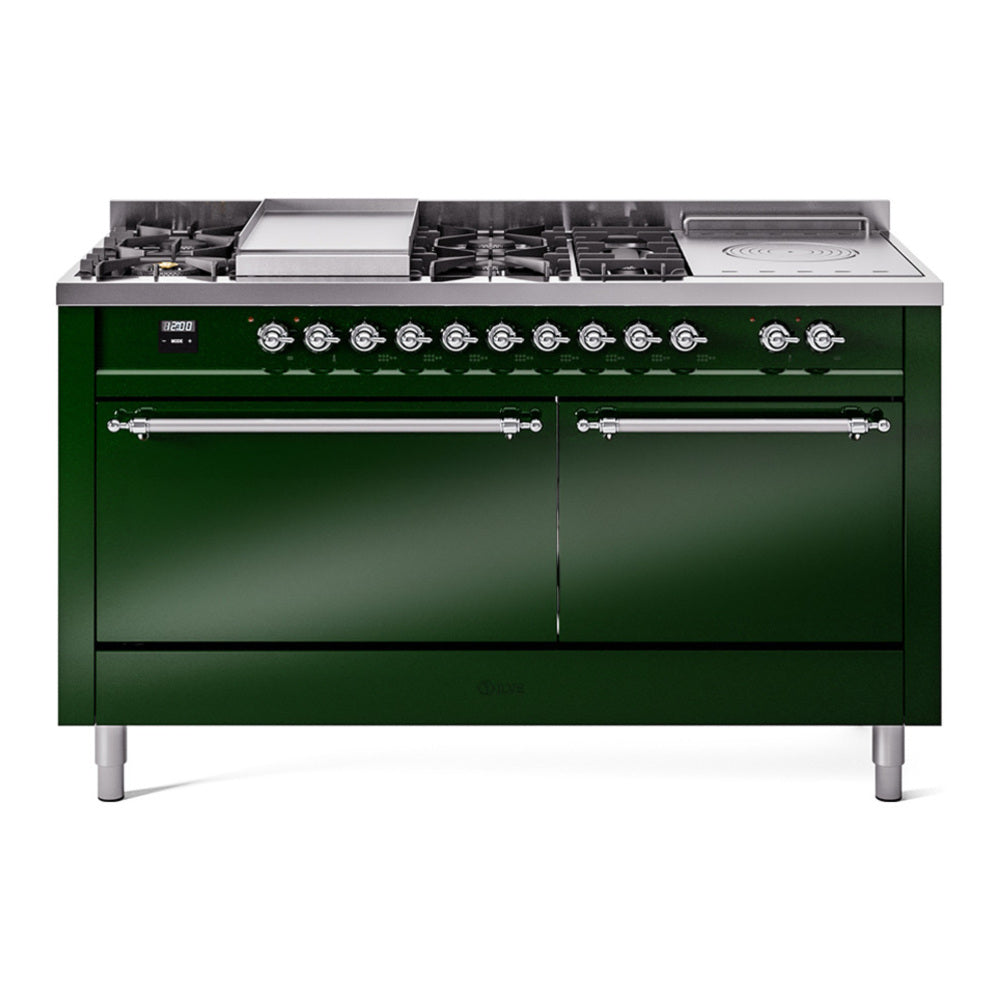 ILVE Nostalgie II 60" Dual Fuel Range - Double Ovens, 7 Burners + Griddle + French Top - Solid Door - Emerald Green / Chrome / Natural Gas