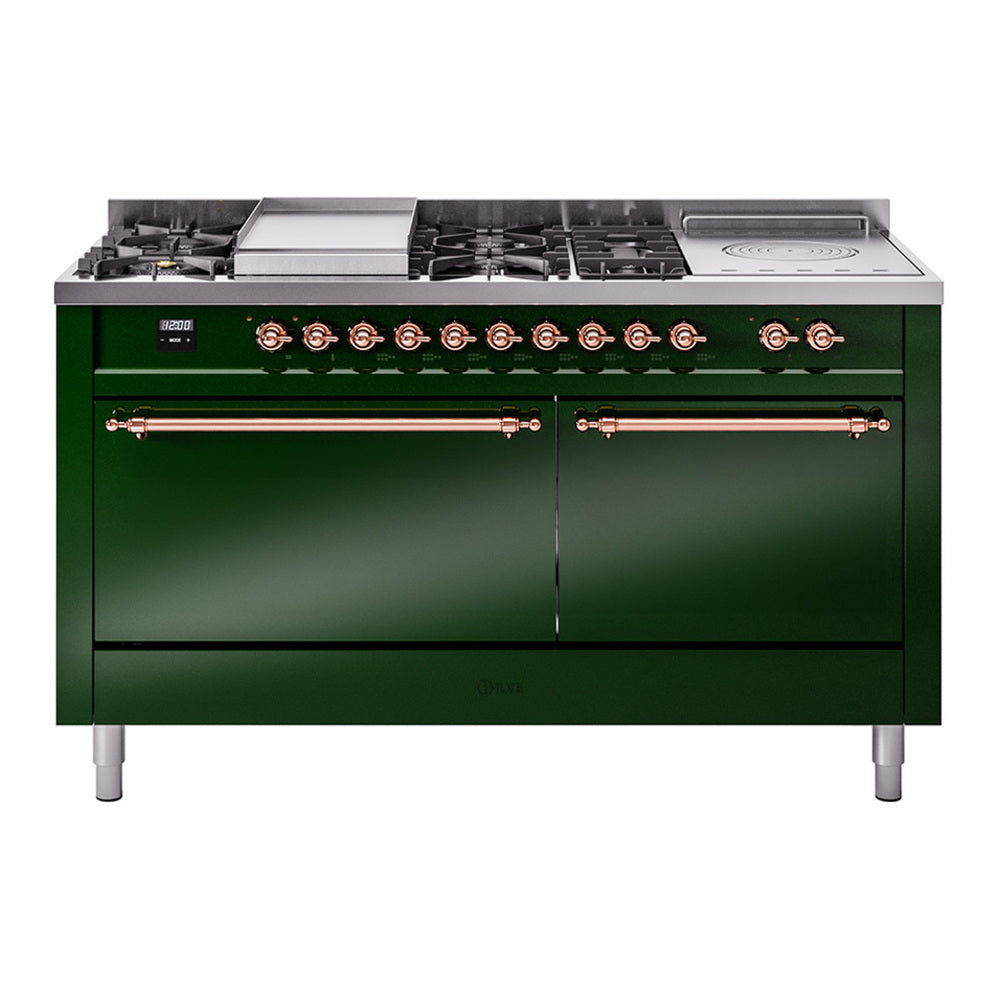 ILVE Nostalgie II 60" Dual Fuel Range - Double Ovens, 7 Burners + Griddle + French Top - Solid Door - Emerald Green / Copper / Natural Gas