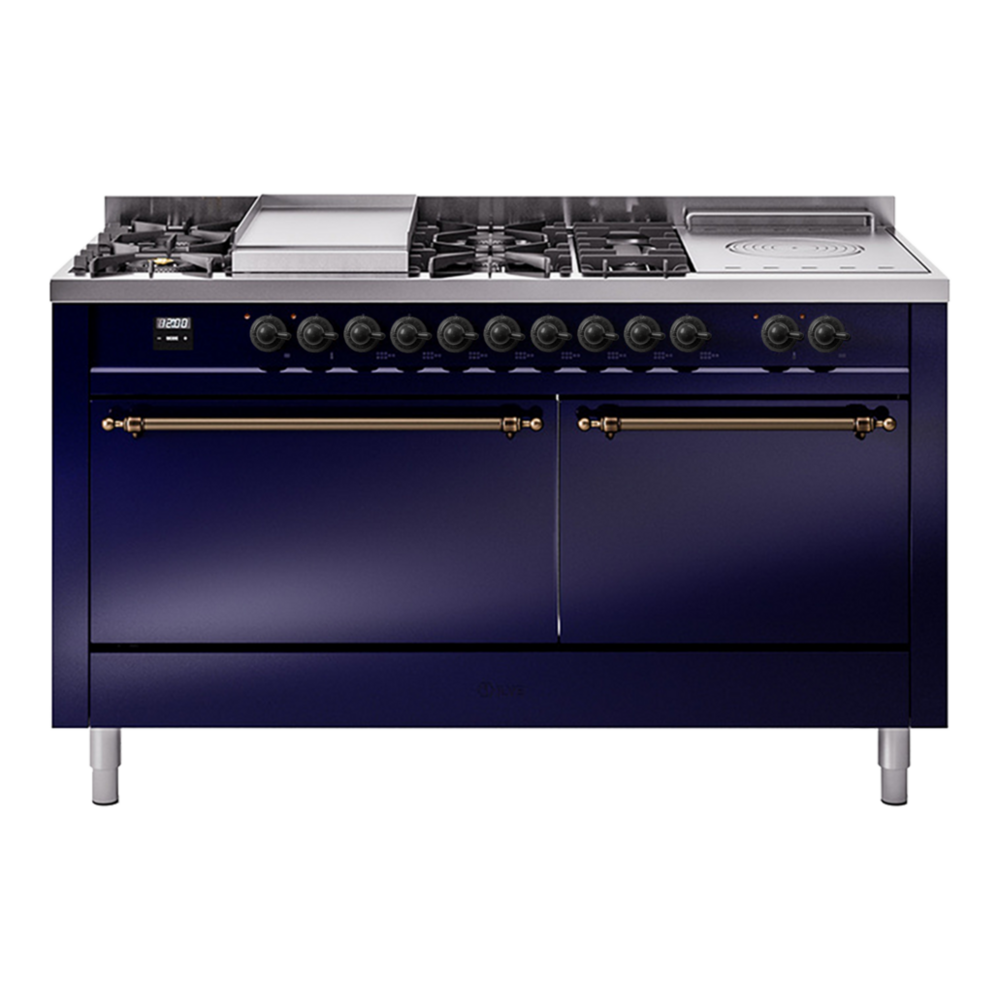 ILVE Nostalgie II 60" Dual Fuel Range - Double Ovens, 7 Burners + Griddle + French Top - Solid Door - Midnight Blue / Bronze / Natural Gas