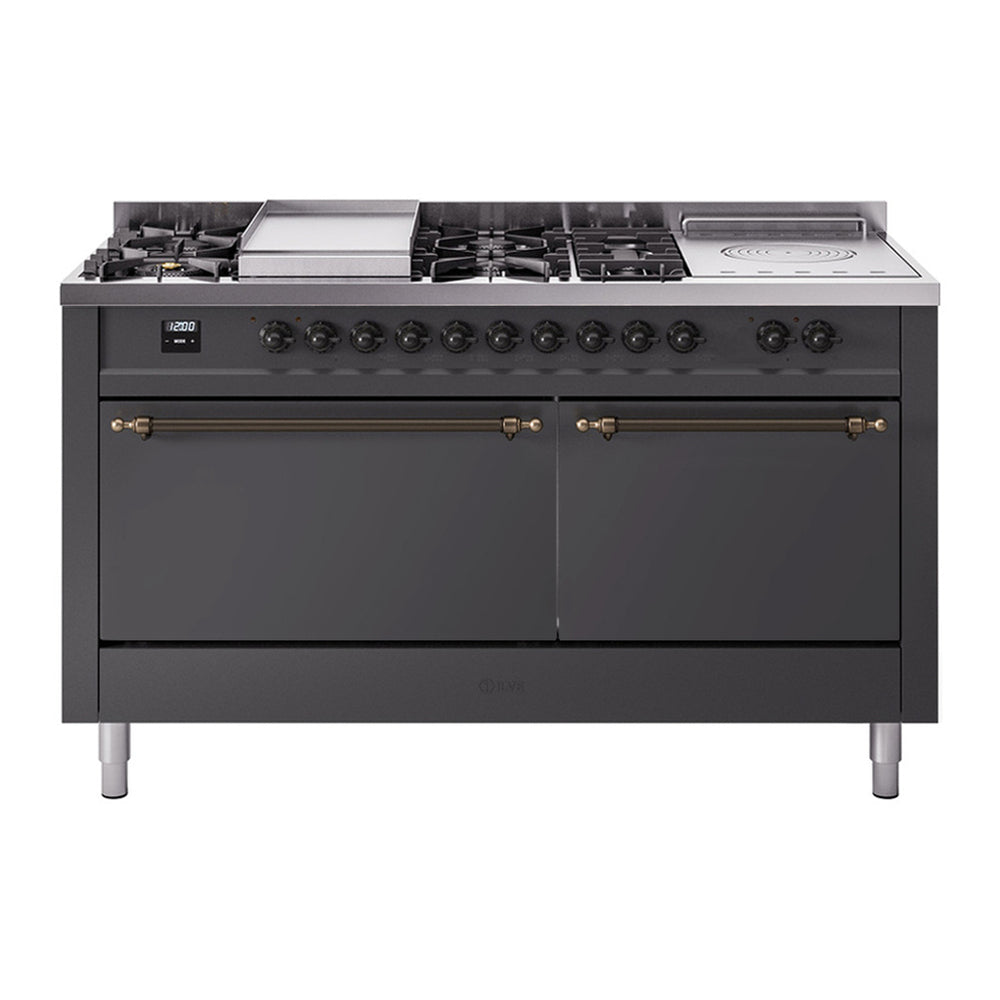 ILVE Nostalgie II 60" Dual Fuel Range - Double Ovens, 7 Burners + Griddle + French Top - Solid Door - Graphite Matte / Bronze / Natural Gas